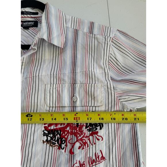 Ecko Unltd Shirt Mens XL Striped Short Sleeve Button Up Graffiti Embroidered Y2k - Picture 10 of 12